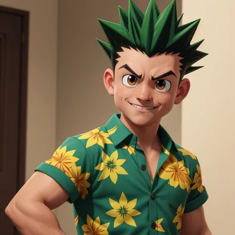 <lora:gon_freecss:.7>, gon_freecss, green floral Hawaiian shirt,  masterpiece, best quality, high quality, 1boy, solo, looking a...