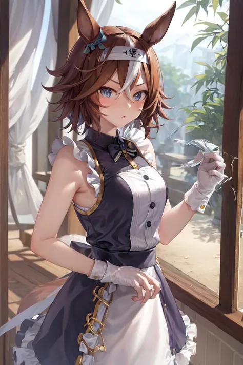 a woman in a maid outfit holding a knife and a knife