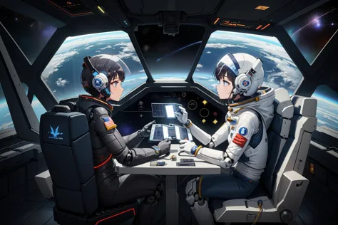 two astronauts in a space station with a view of earth