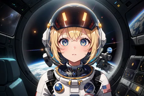 masterpiece, best quality, stunning face, symmetrical clear eyes, detailed eyes and face, detailed body, shiny skin, detailed skin, Flat design UI, high resolution, ultra detailed, cinematic quality, anime-inspired sci-fi scene, a highly skilled astronaut wearing a cutting-edge spacesuit integrated with mechanical manipulators, operating advanced holographic interfaces, manipulating digital data and spacecraft controls with precision and ease, neon-lit control panels reflecting on the polished helmet visor, in the background, a panoramic view of space with distant planets and stars, ambient lights casting soft shadows in the futuristic cockpit, surrounding the astronaut, robotic arms assisting in technical tasks, showing a seamless blend of human and machine in a high-tech space exploration setting
, simple color scheme, minimalistic icons, typography. . illustration, detailed eyes, perfect composition, intricate details