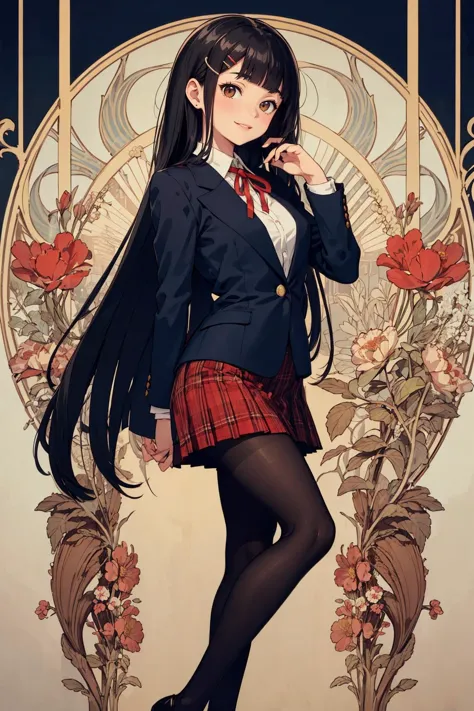 a woman in a school uniform standing in front of a floral frame