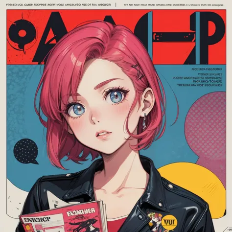 (best quality), (ultra-detailed), magazine, Editorial Design, Graphic Design, a 1980s pop art style, punk, pop art, stylized, bold colors, 1 girl <lora:add_detail:0.4>. , typograph, stylish, fashionable, trendy, modern, elegant