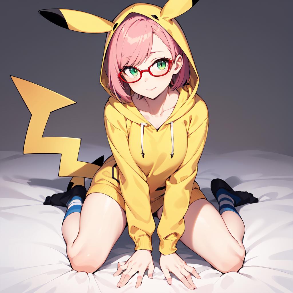 Anime girl in yellow pikachu hoodie sitting on a bed SeaArt AI