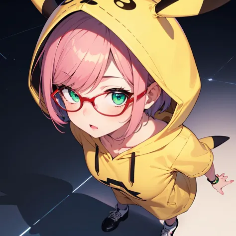 anime girl in a pikachu hoodie with glasses and a cat ear