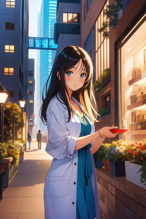 anime girl in a blue dress looking at her cell phone