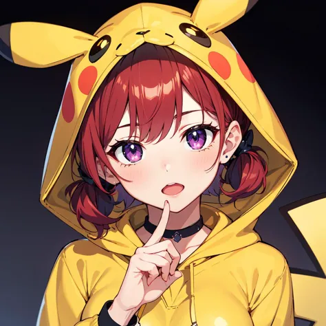 anime girl in yellow pikachu hoodie with finger up