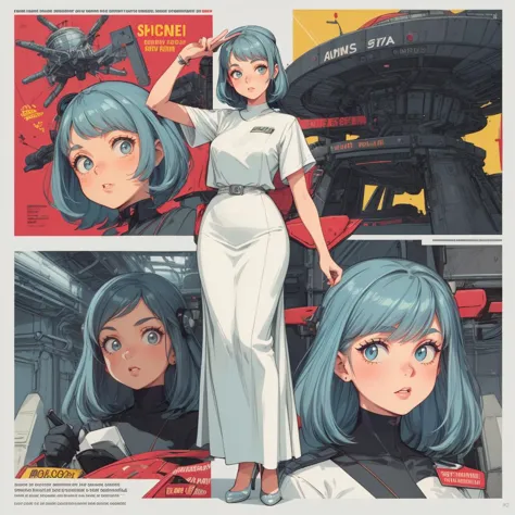 a picture of a woman in a white dress standing next to a spaceship