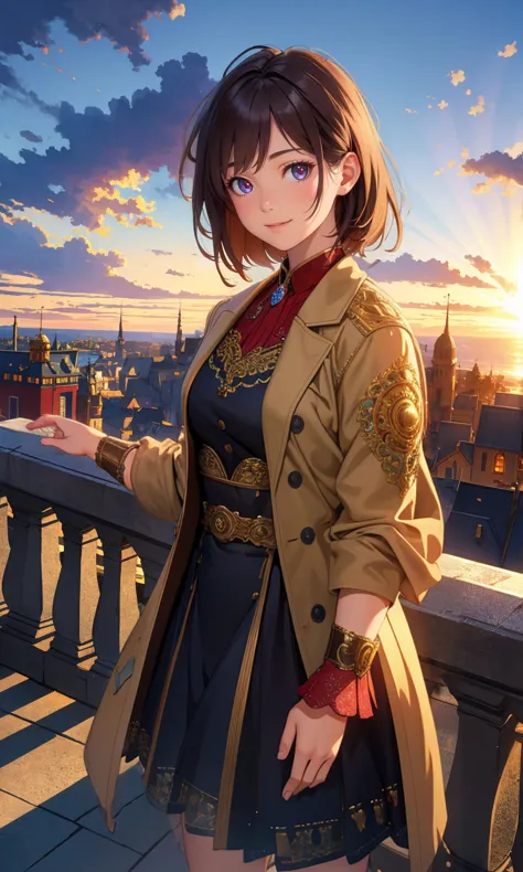 a woman in a trench coat standing on a balcony overlooking a city