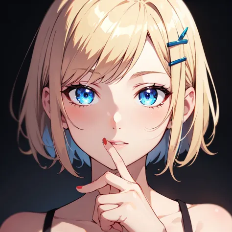 anime girl with blue eyes and blonde hair pointing to her finger