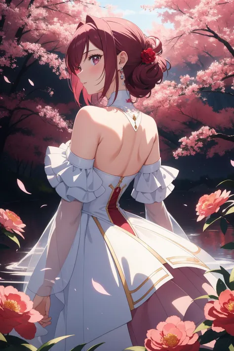 a woman in a white dress standing in a field of flowers