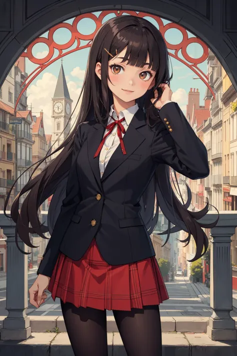 Art Nouveau, beautiful art, 1girl, looking at viewer, smile, adjusting hair, black hair, very long hair, blunt bangs, hairclip, brown eyes, blazer, shirt, red ribbon, plaid skirt, black pantyhose, city, sleek, organic forms, long, sinuous, art nouveau style