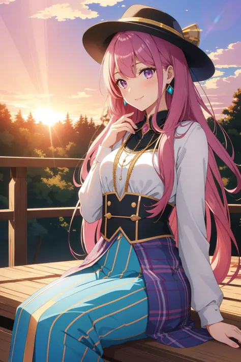 a woman with pink hair sitting on a bench in front of a sunset