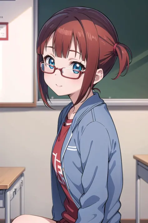 masterpiece, best quality, extremely detailed, highly detailed background, 1girl, cute, kousaka yukiho, blue eyes, dark red hair), glasses, classroom <lora:LoraKousakaYukihoLove_v10:0.6>