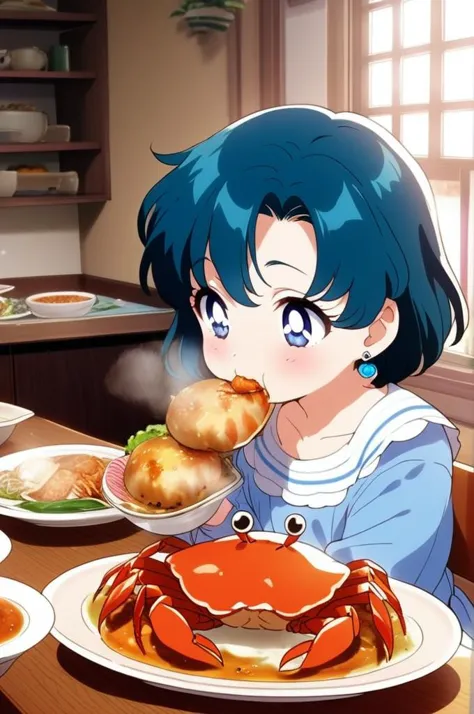 anime girl eating crab with plate of food in kitchen