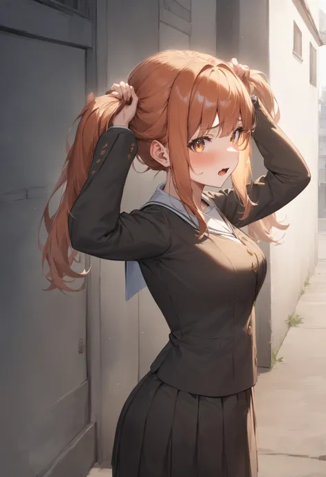 anime girl with long brown hair in a school uniform