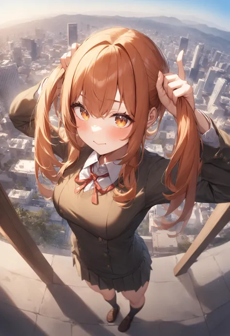 anime girl with long brown hair standing on a ledge in front of a city