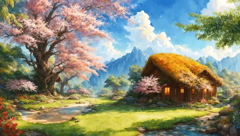 painting of a cottage in a forest with a stream running through it