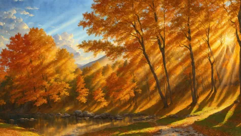 majestic,masterpiece ( pen and watercolor painting :1.2) of a
,
[divine atmosphere, detailed clouds],
sun rays through trees, voluminous light and god rays in a
autumn in the afternoon, clear weather,
global lighting, 8k resolution, detailed, focused,
atmospheric dreamscape painting,hudson river school painting
style of Alois Arnegger