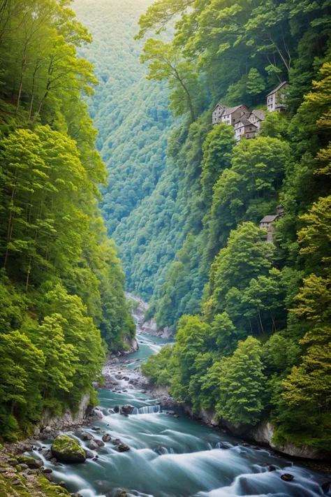 a view of a river running through a lush green forest