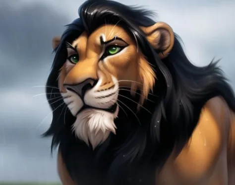 scarlion, lion, green eyes, whiskers, feline, best quality, photorealistic, raining, cloydy, hyperrealistic, ultradetailed, detailed background, photo background, digital drawing (artwork), [[by kenket|by totesfleisch8], by thebigslick:by silverfox5213:0.8...