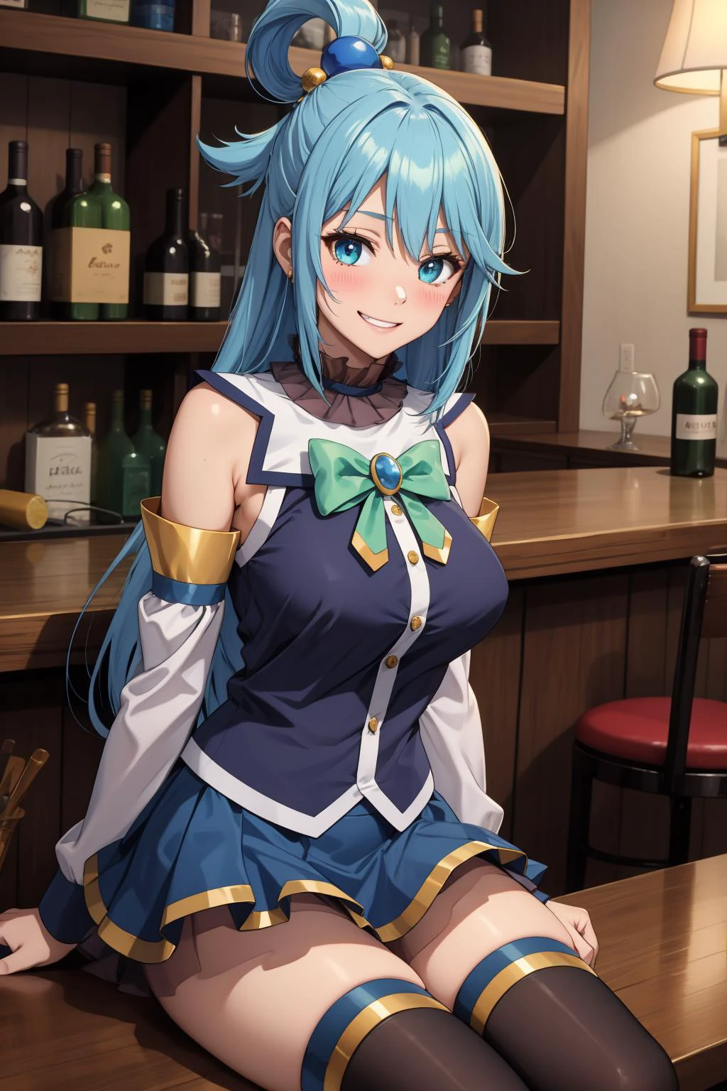 masterpiece, best quality, highres, absurdres, ultra detailed, pretty eyes,
 aaaqua, long hair, blue hair, hair rings, hair ornament,choker, bare shoulders, green bow, blue shirt, detached sleeves, blue skirt, thighhighs, drunk, intoxicated, blushing, hazy, grinning
sitting_on_stall, bar, glass_red_wine
 