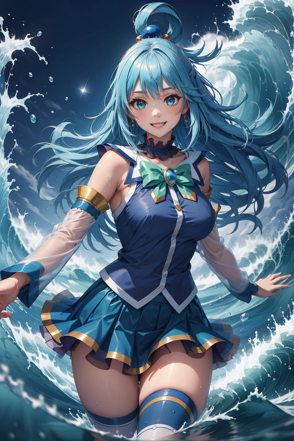 masterpiece, best quality, highres, absurdres, ultra detailed, pretty eyes,
 aaaqua, long hair, blue hair, hair rings, hair ornament, choker, bare shoulders, green bow, blue shirt, detached sleeves, blue skirt, thighhighs, happy, smiling
water,waves,filled with water energy 
 