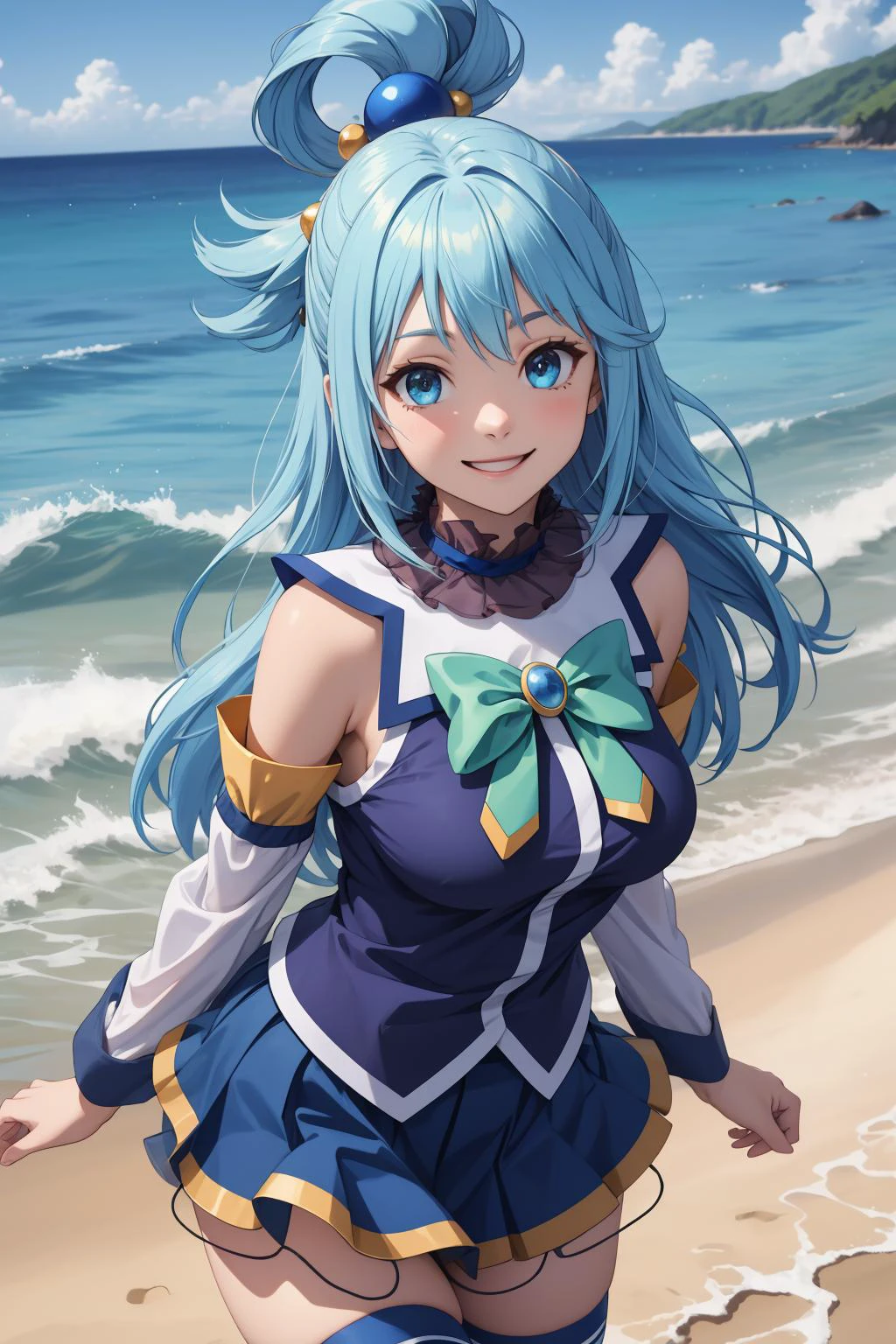 masterpiece, best quality, highres, absurdres, ultra detailed, pretty eyes,
 aaaqua, long hair, blue hair, hair rings, hair ornament, choker, bare shoulders, green bow, blue shirt, detached sleeves, blue skirt, thighhighs, happy, smiling
water,waves, beach, blue_skies, sunny
 