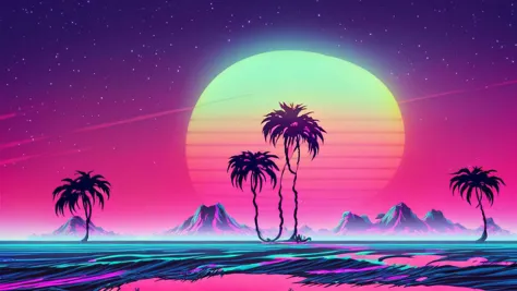 (synthwave:1.2),(neon sun) scanlines,wireframe,mountains,palm tree,vectorized,(retrowave),(vaporwave),purple blue pink black,dar...