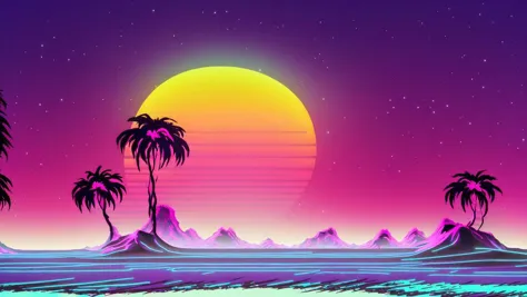 (synthwave:1.2),(neon sun) scanlines,wireframe,mountains,palm tree,vectorized,(retrowave),(vaporwave),purple blue pink black,dar...
