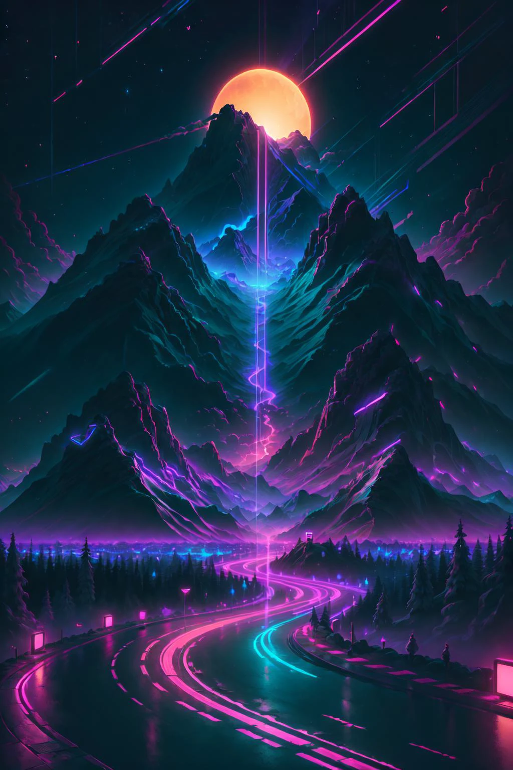 retrowave.  road,  purple neon lights, sun, mountain, 
(masterpiece,detailed,highres), 