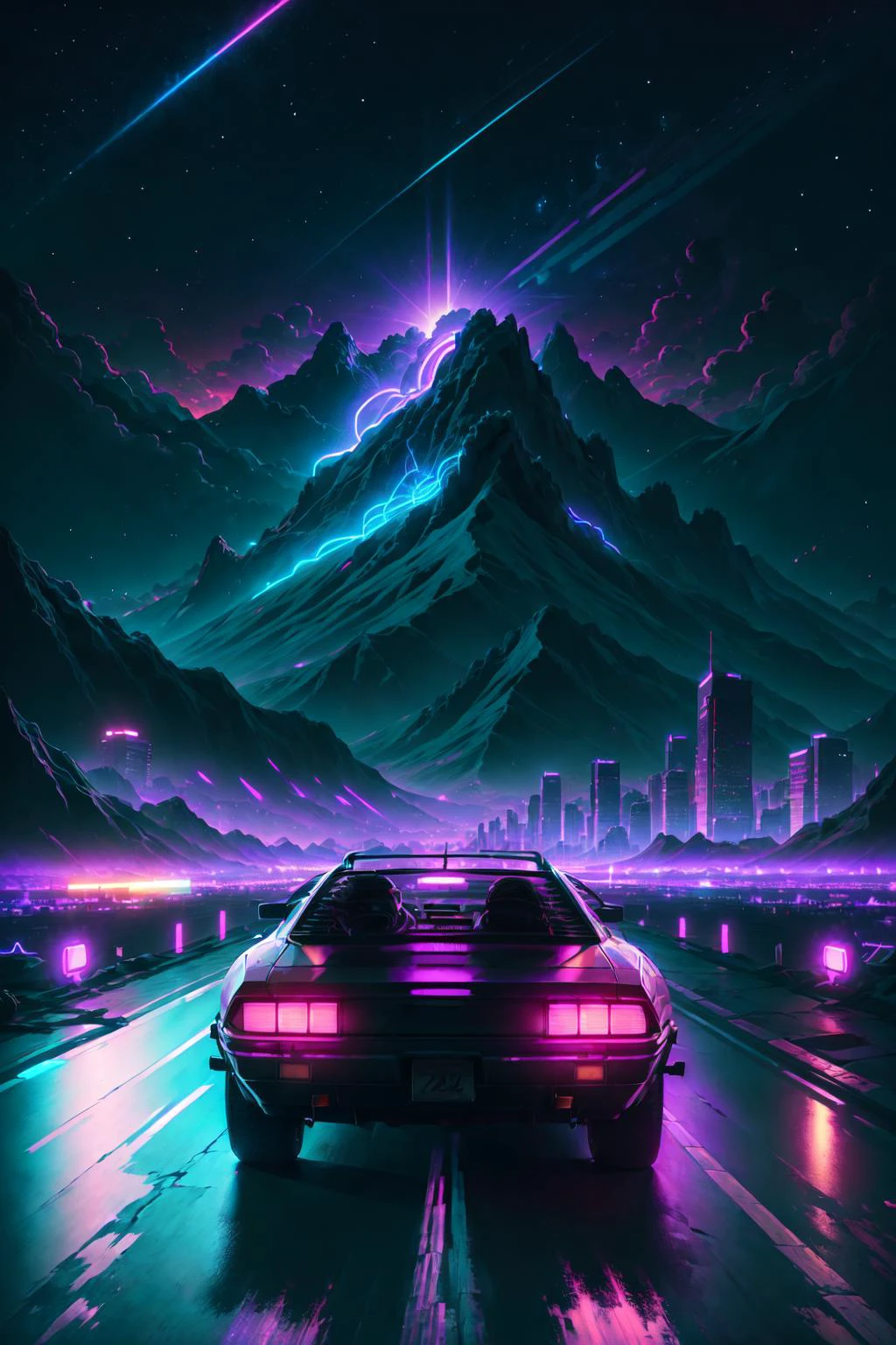 retrowave. city, car, road,  purple neon lights, sun, mountain, 
(masterpiece,detailed,highres), 