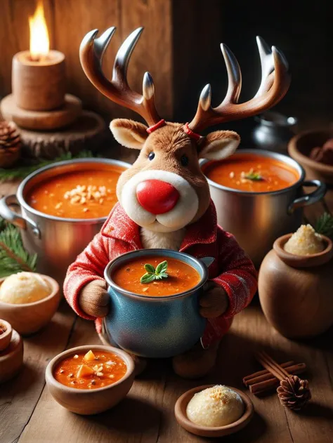 gourmet food photo of ultra detailed gourmet food photo of a Reindeer with antlers, wearing a red and white color denim jacket, ...