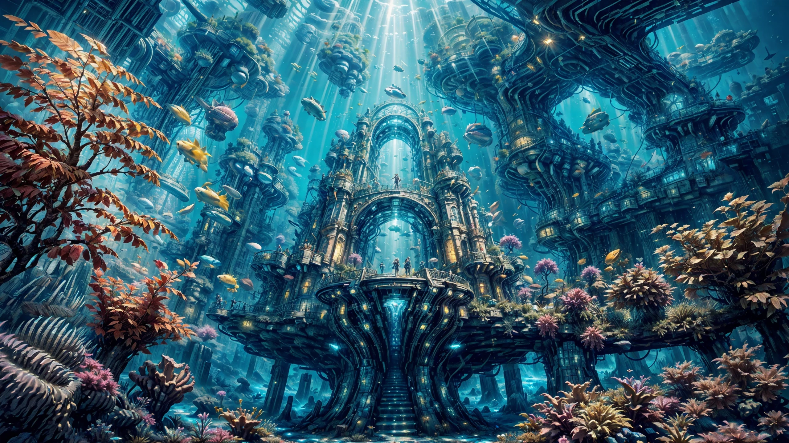 (beautiful (underwater):1.4 landscape), (very detailed),  sharp focus, colorful (fishes,  dophins, starfish, anemone):1.3, (water ripples oxygen bubbles) reflections, neon lights holograms,  diver, mermaid, temple columns crystal windows, mechanical, scifi, coins, trident, amphora):1.2, (gold   (futuristic sunken city castle palace):1.2, (atlantis city buldings),  nature aquatic environment ,illuminated cavern, coral forest reefs, (bright sunny sky), (high contrast), cinematic (lights), lens flare, colorful, [red flowers] and leaves,  PunkAI 7Cy6er7P0nk9  