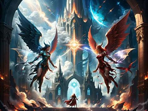 ethereal fantasy concept art of good and evil air battle, facing each other, (cosmiccore  angelic being, bright Christian cathed...