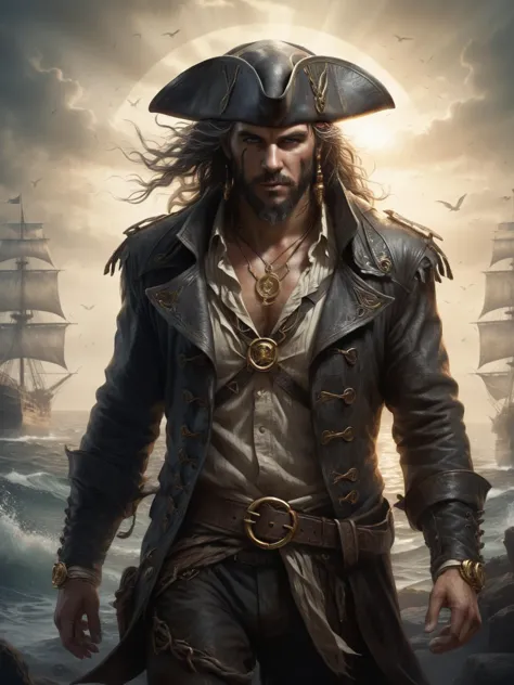 weathered skin pirate, tilted tricorn hat with turned-up brim, sun-tanned skin, black beard, golden hoop earrings, golden rings,...