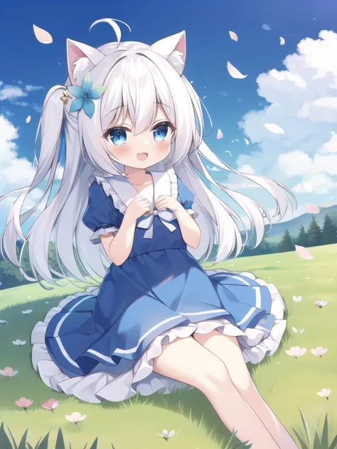 a girl with long white hair sitting on a field with flowers