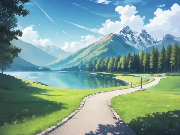 anime scenery of a road leading to a lake with mountains in the background