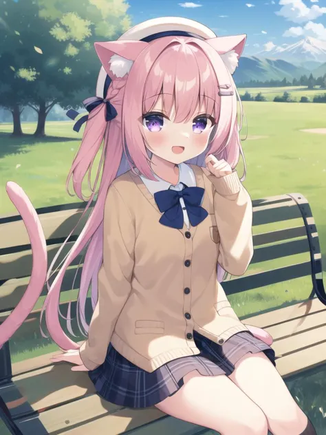 anime girl sitting on a bench with a cat tail