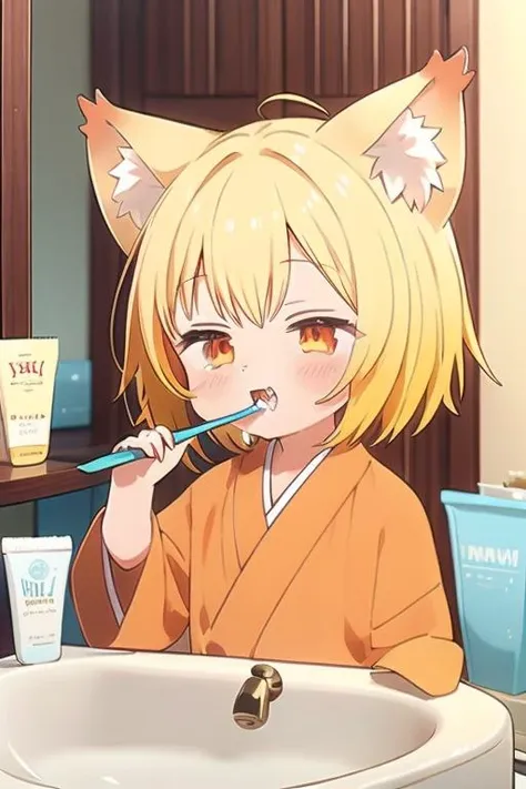 anime girl brushing her teeth in a bathroom with a cat head