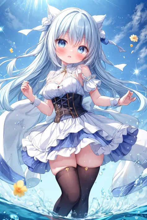 a anime girl in a white dress and black stockings is standing in the water