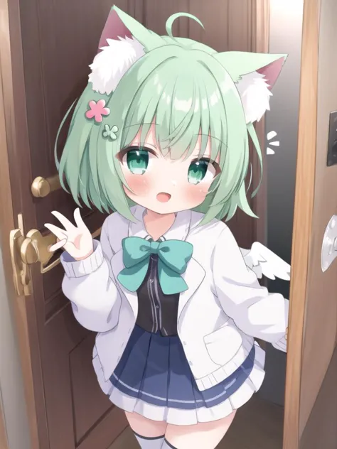 anime girl with green hair and white shirt and blue skirt