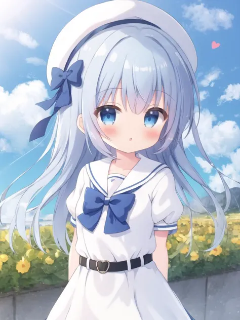 1girl,blue eyes,solo,blue hair,hat,white headwear,dress,long hair,bow,blush,belt,sailor dress,looking at viewer,braid,sailor collar,bangs,heart,short sleeves,cloud,white sailor collar,school uniform,white dress,hair bow,beret,ribbon,sky,blue bow,arm behind back,parted lips,