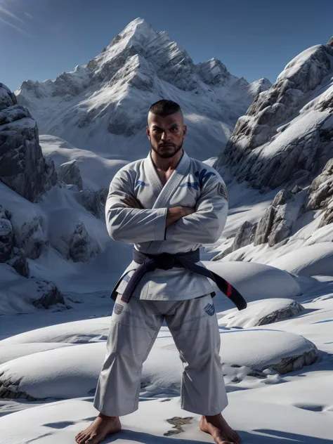 temulchsd, Arme überkreuzt, Kampfmann, vor einem riesigen Berg im Hintergrund, Hyperrealistisch, 8k, ausführlich, Jiu-Jitsu Gi, 
