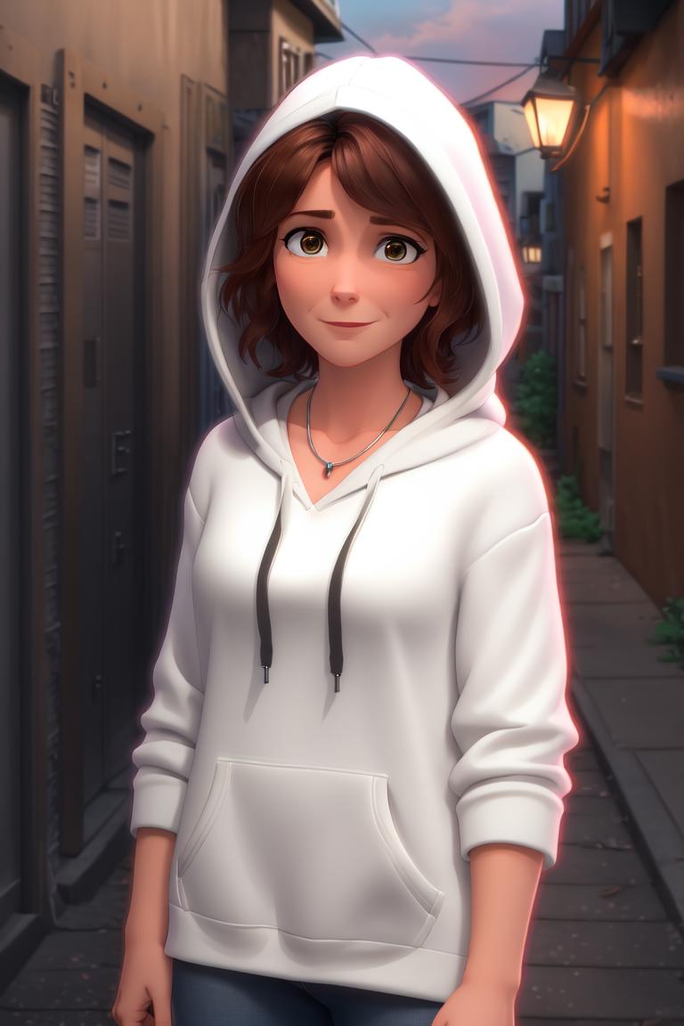 A woman in a white hoodie standing on a street - SeaArt AI