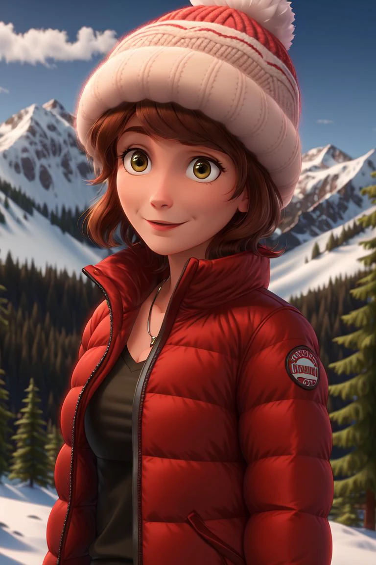 A woman in a red jacket and hat standing in the snow - SeaArt AI