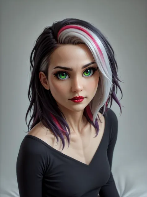 a woman with a colorful hair and a black top