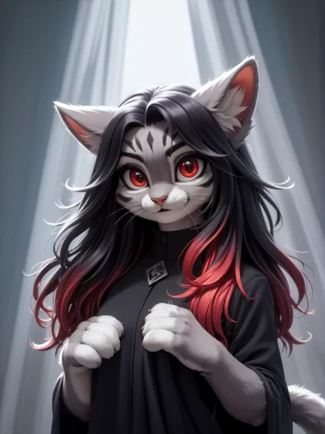 (((score_9, score_8_up,score_7_up,score_6_up,score_5_up,score_4_up, epic-Ultra-HD-details, epic-Ultra-HD-highlights, ultra-realism, upscaled-resolution, source_furry, lit, cutesie)))
cat girl, adult,  dark skin, black hair, long hair, red eyes, tail with a hairy tip, held without sleeves, white locks, neon
((cinematic light, vivid colors like HDR+, sharp focus))
\\ Made with ONE FOR ALL checkpoint by Chaos Experience @ https://civitai.com/user/ChaosExperience/ \\