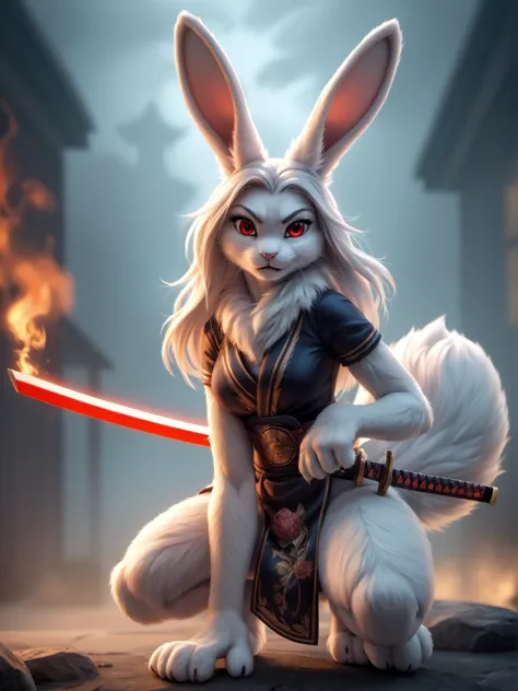 a white rabbit with a sword and a black dress