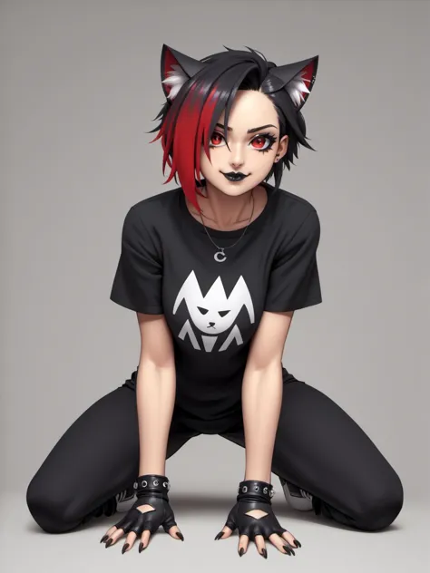 a woman with red hair and black cats ears is posing