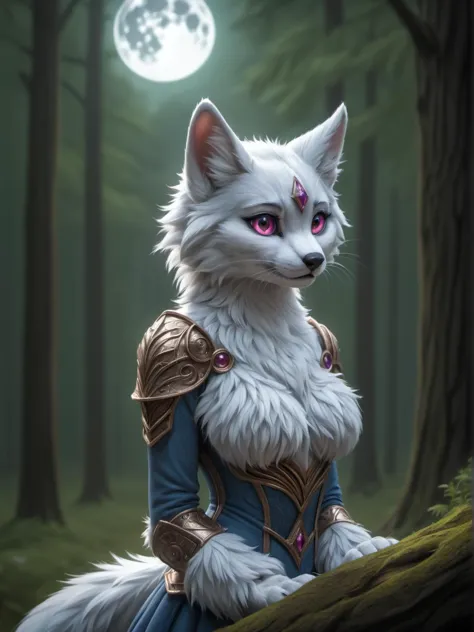 a white cat with pink eyes sitting on a log in the woods